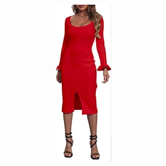 Long Ruffle Sleeve Front Slit Bodycon Party Midi Red Dress NEW Size L - Picture 3 of 9
